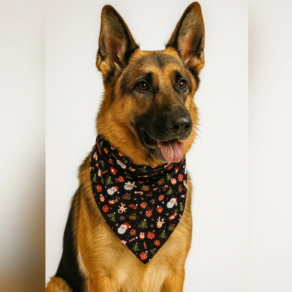 Upcycled Christmas Dog Bandana Tie up in the front blue background pets